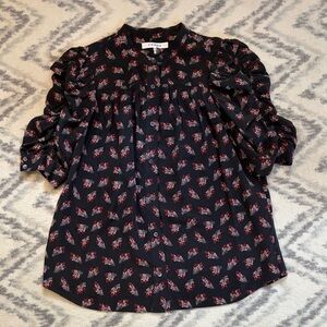 Frame Silk Floral Button-Front Puff Sleeve Top